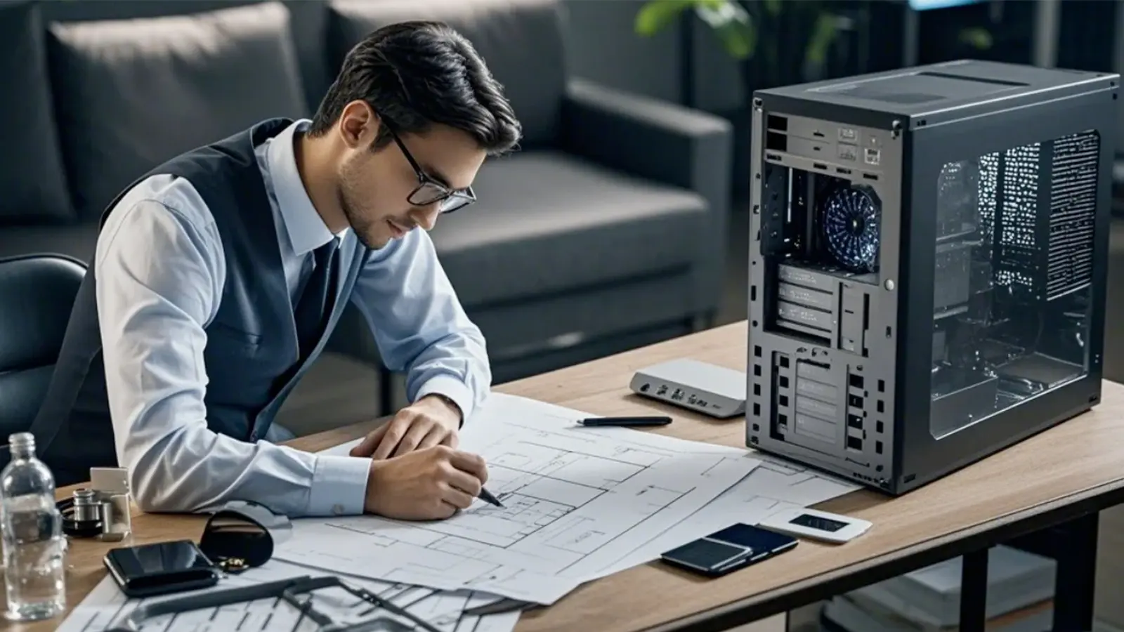 Engineer designing pc case blueprint