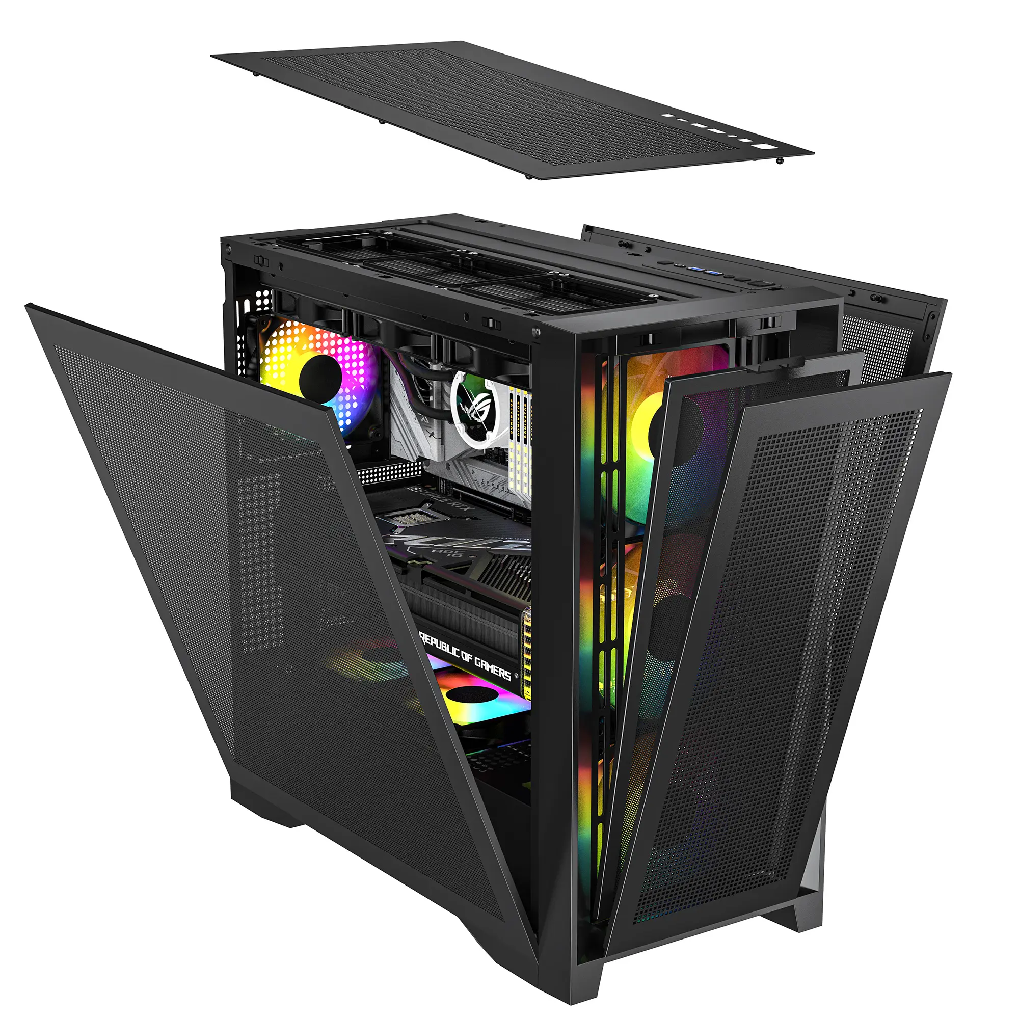 Gaming computer case with 5 detachable iron mesh panels, compatible with a variety of motherboards.